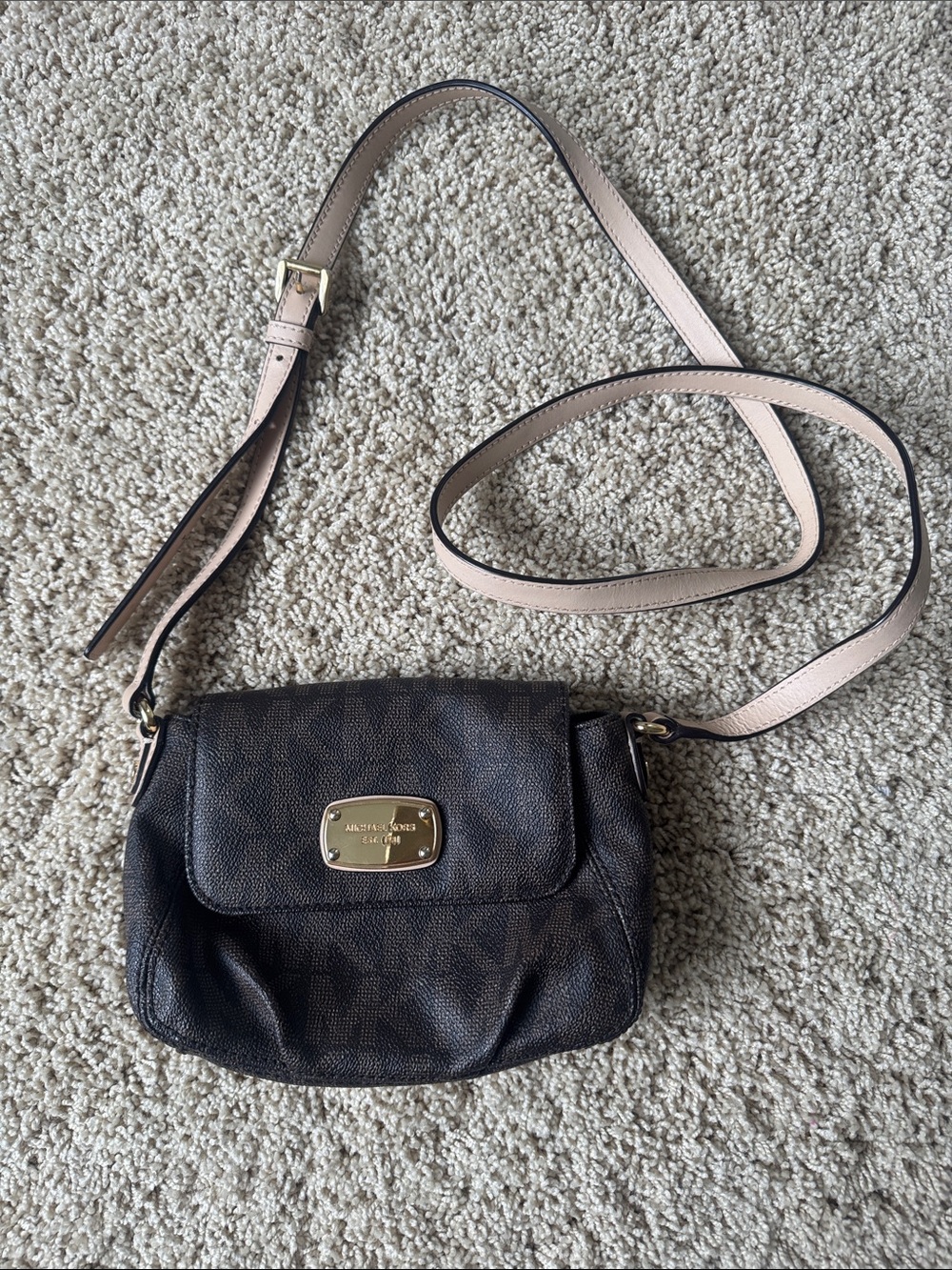Michael Kors Dark Brown Pebbled Leather Crossbody with Pale Pink Strap